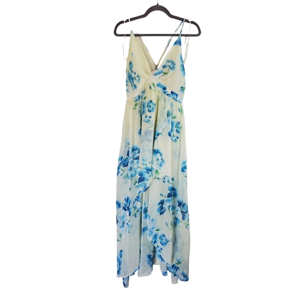 TOV Los Angeles Romanyic Ruffles Blue Cream Hi-Low Sundress, Size Large